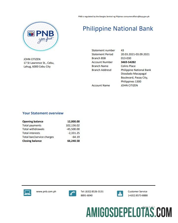 Philippines National Bank (PNB) Excel Pdf amostra